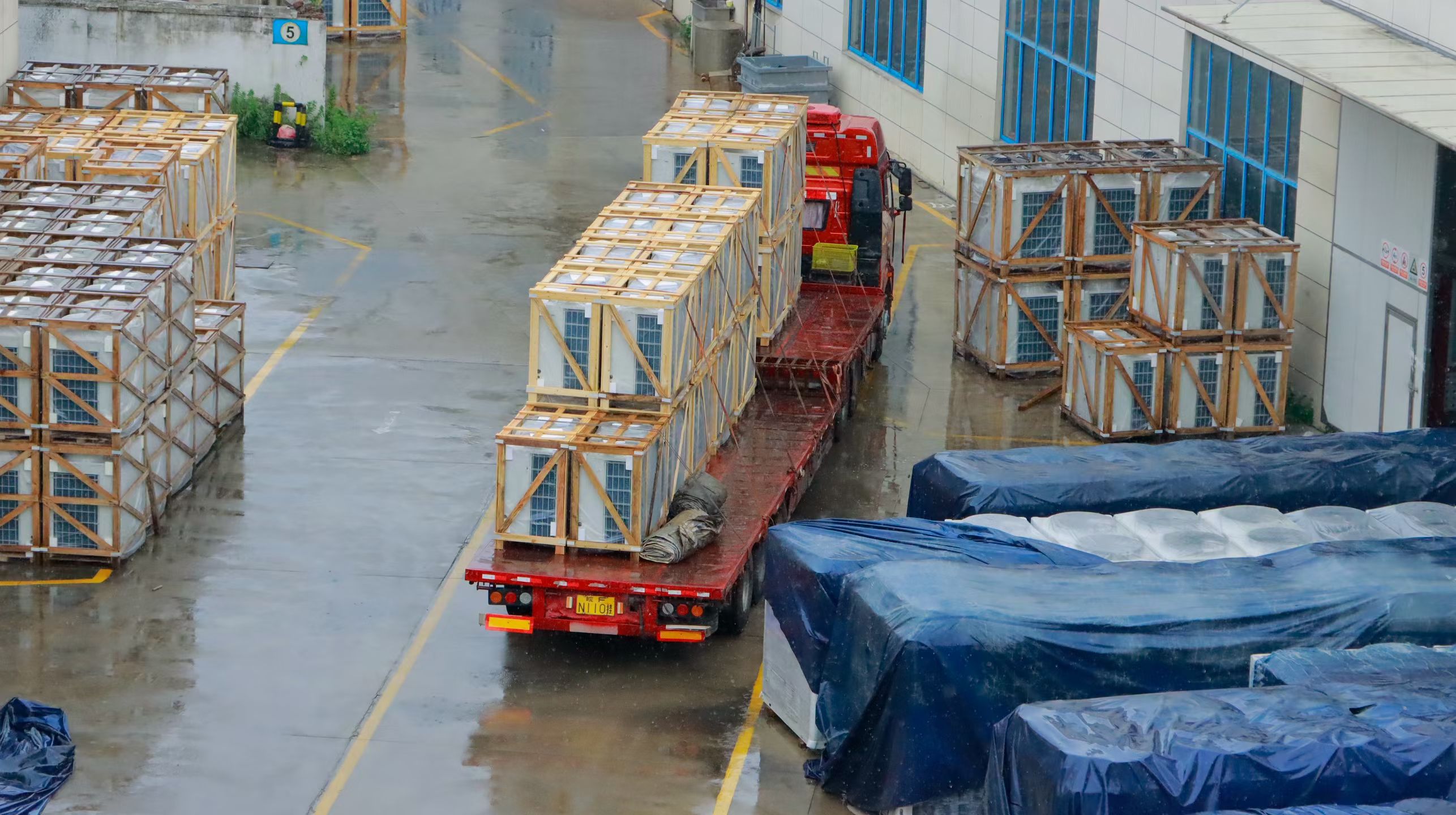 Heat pumps loaded on truck for delivery