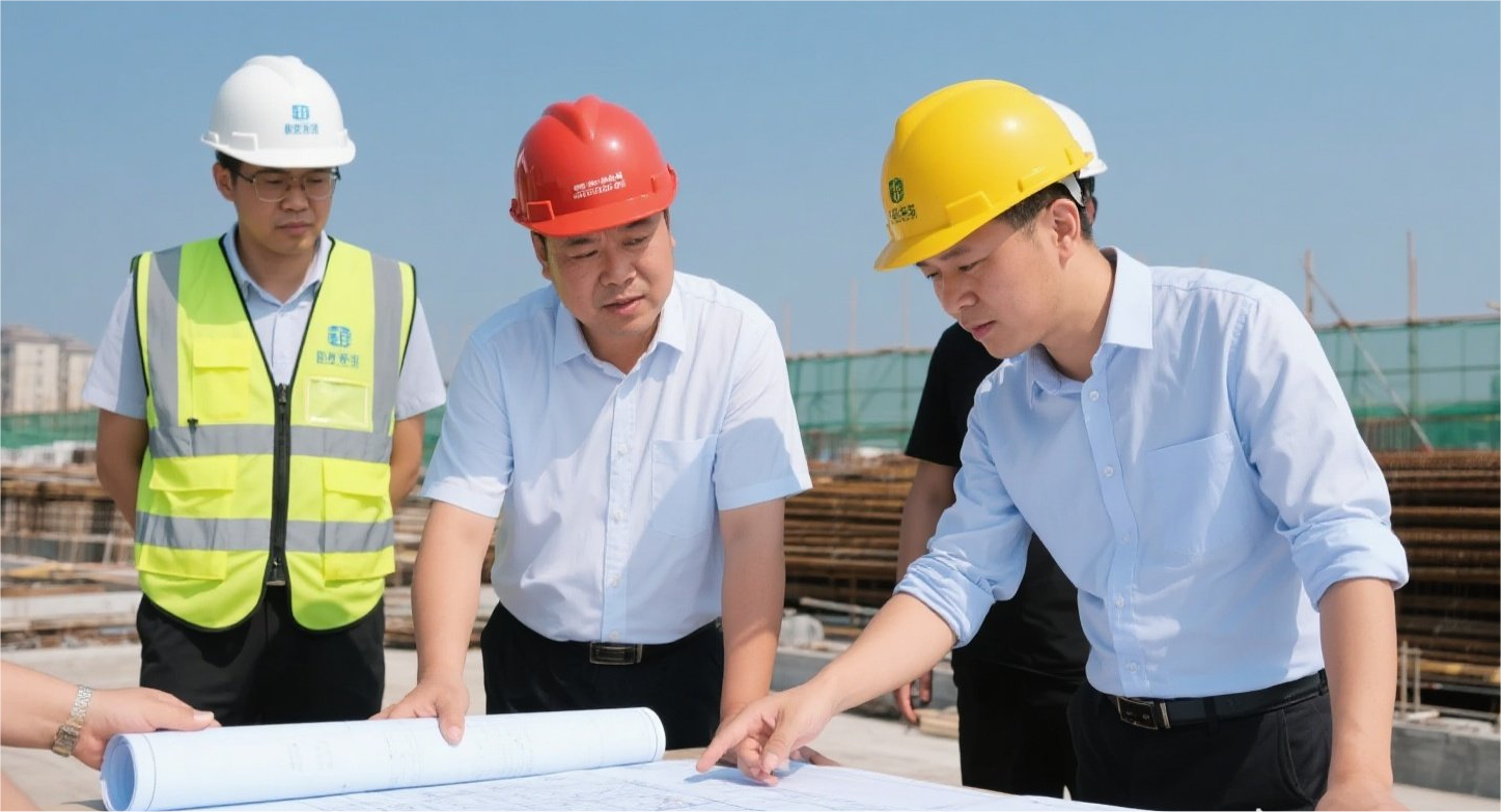 Engineering team reviewing construction drawings on site